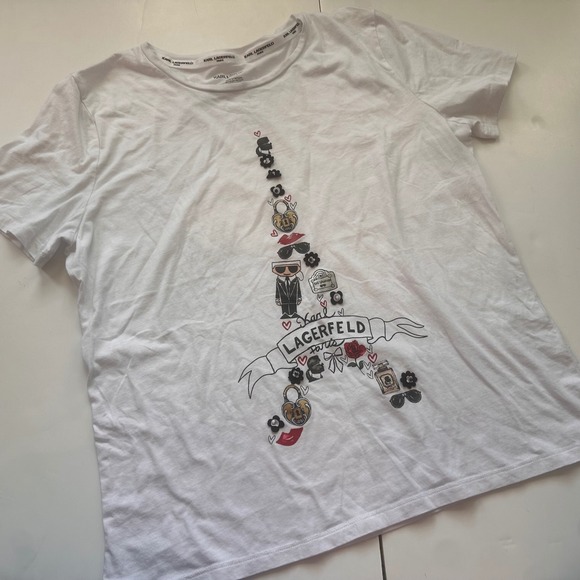 Karl Lagerfeld Paris Tops - Karl‎ Lagerfeld Paris Womens White Eiffel Tower Graphic T-Shirt Size Large